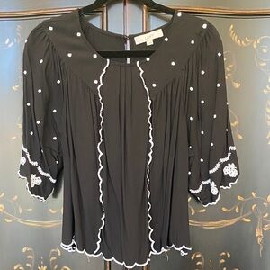 LOFT Black Blouse with White Embroidery size XL